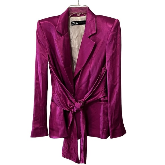 ZARA SATIN BLAZER WITH BUILT IN TIE SASH SIZE S PINK/ FUCHSIA FEMININE ROMANTIC - Picture 5 of 16